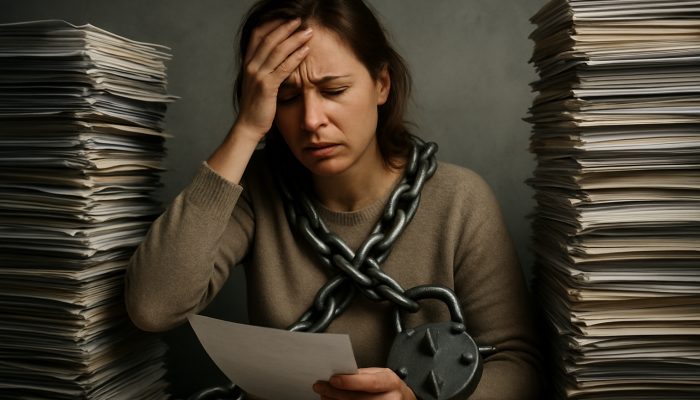 Tidying Old Catalogue and Store Card Debt: Essential Tips | DCL Shopper overwhelmed by stacks of catalogues and bills, chained by high-interest UK debt.