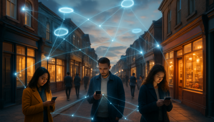 Vibrant Christchurch street with glowing local SEO keywords and people connecting via smartphone networks.