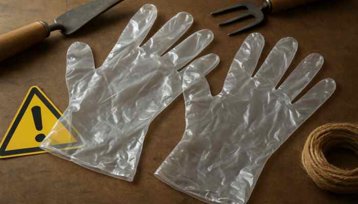 Shiny transparent polythene gauntlet gloves on workbench with gardening tools and UK safety labels.