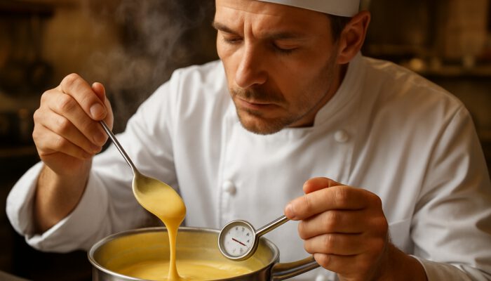 Chef stirring golden custard in saucepan, carefully monitoring the 82°C thermometer as steam rises.