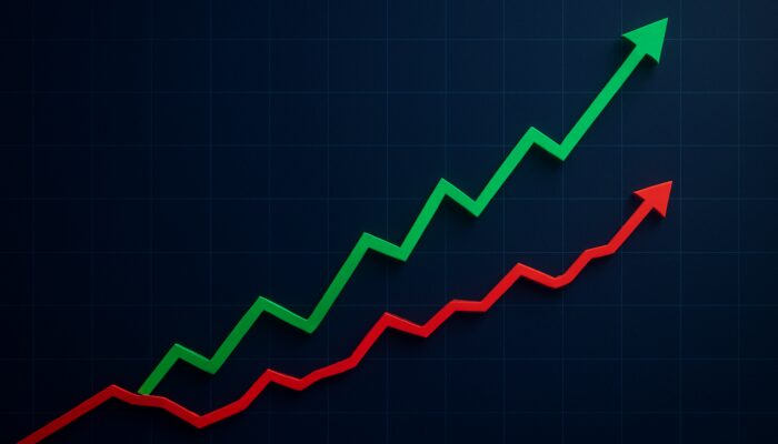 Stock chart with an upward green price line and a trailing red stop loss barrier.