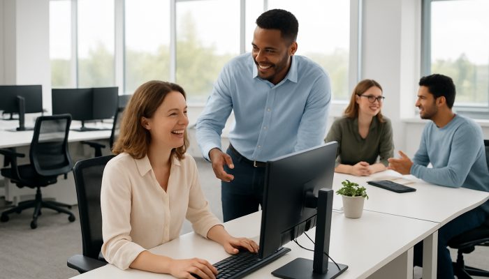 A modern Ilchester office featuring immaculate desks, ergonomic workstations, and satisfied employees collaborating.