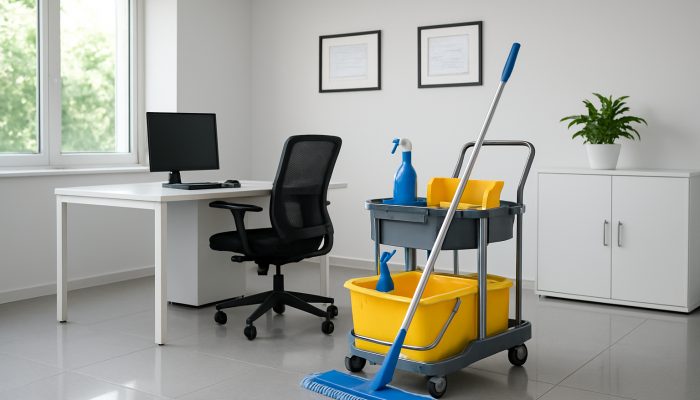 A spotless Ilchester office showcasing gleaming surfaces and framed certificates from the British Institute of Cleaning Science.
