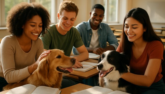 A diverse group of students smiling while interacting with therapy dogs and studying in a bright classroom.