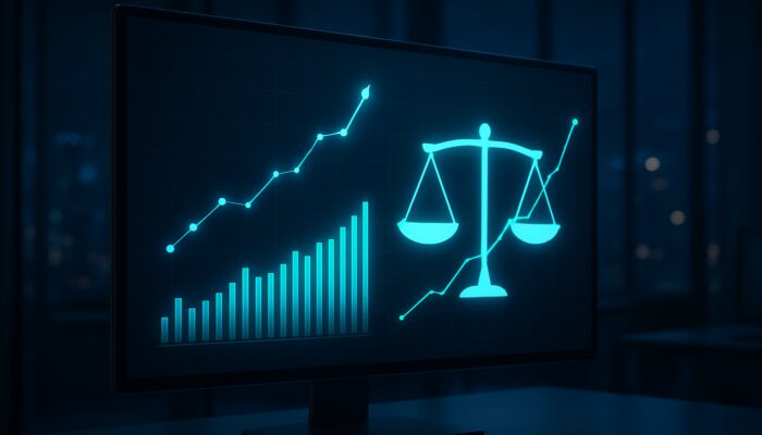 Sleek financial dashboard displaying the Calmar Ratio, upward-trending stocks, and risk-return balance in a contemporary office.