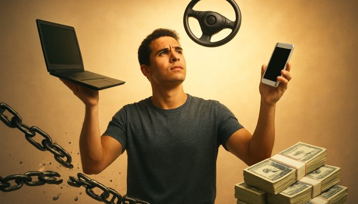 Determined individual juggling side hustles to break free from debt and build savings.