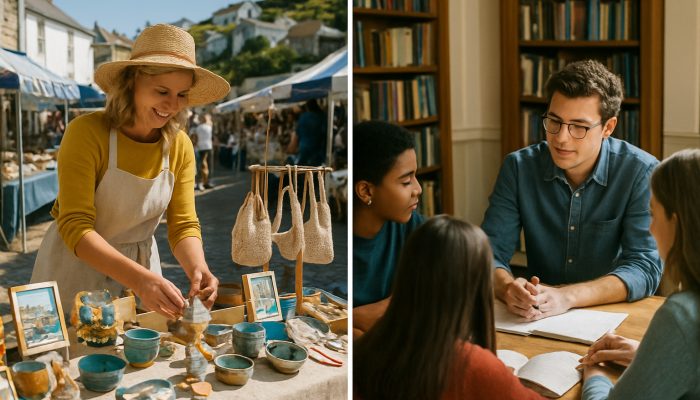 A craftsperson showcasing handmade items at a bustling Cornwall market, while a student tutors GCSE pupils in a comfortable Manchester room.