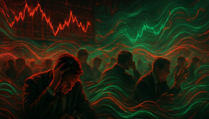 Chaotic trading floor at night: traders analyse volatile stock charts amid flashing lights and digital waves.