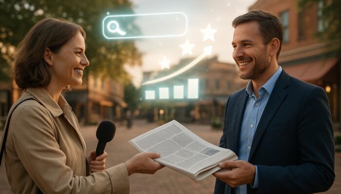 A journalist handing a newspaper to a delighted business owner in a town square, surrounded by glowing SEO icons