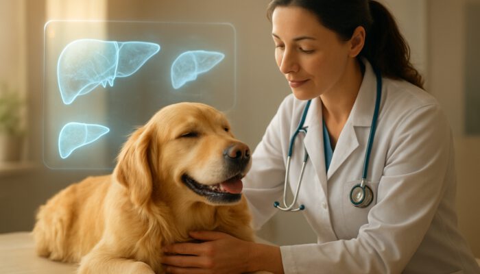 Veterinarian examining a calm golden retriever with holographic liver scans in a sunlit clinic illustration