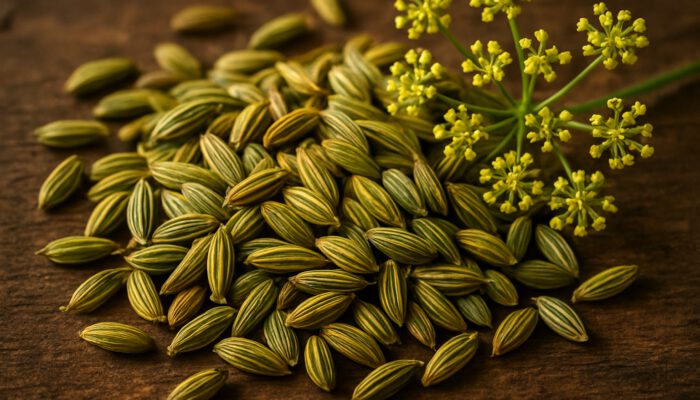 Plump fresh fennel seeds scattered on rustic wood beside anise flowers for premium flavour.