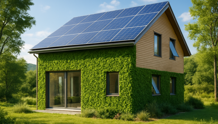 Modern eco-friendly house featuring solar panels, green walls, and smart windows set within a tranquil landscape.
