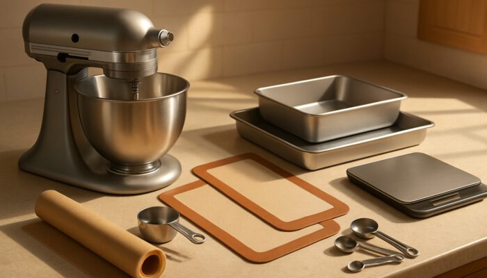 Bright kitchen counter showcasing a stand mixer, baking pans, silicone mats, and measuring scale in sunlight.