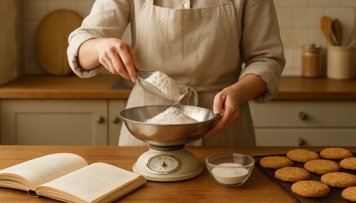 Baker measuring flour and leavening agents for cookies beside a recipe book in the kitchen