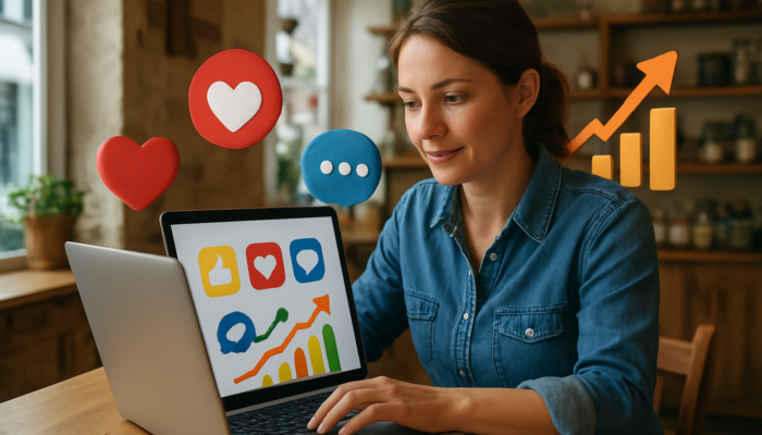 Small business owner in Great Torrington analysing social media engagement metrics on a laptop with floating icons