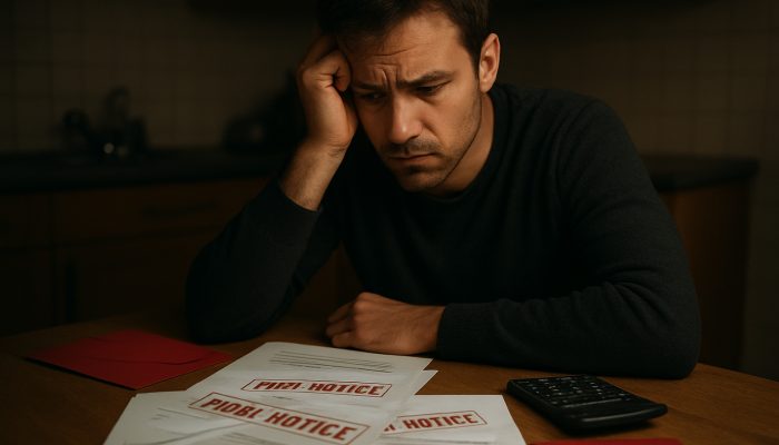 Concerned individual at a dimly lit table with overdue gas, electricity, and water bills marked final notice
