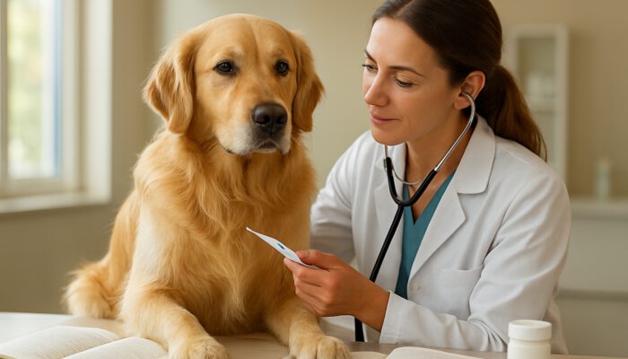 Veterinarian examining a golden retriever using a stethoscope and thermometer among medical records in a well-lit clinic