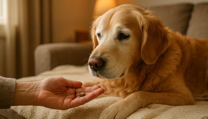 Elderly golden retriever receiving a treat from owner on a cozy blanket in a warm home setting.