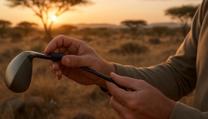 Hands examining a golf club shaft for cracks on a rugged South African savanna course during golden hour