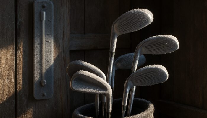 Golf clubs stored in a frosty South African shed, with a thermometer indicating subzero temperatures.
