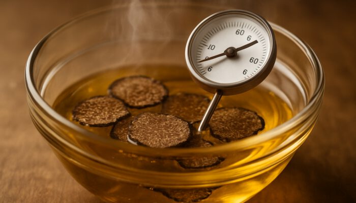 Close-up of golden oil warming with black truffles and thermometer at 60°C in glass bowl