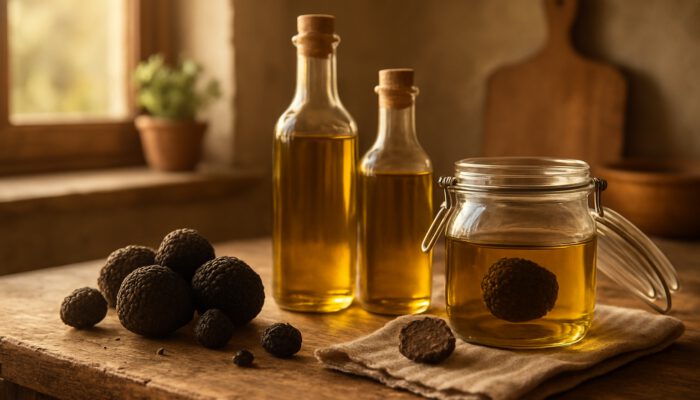 Rustic kitchen counter with fresh black truffles, olive oil bottles, and homemade truffle oil jar