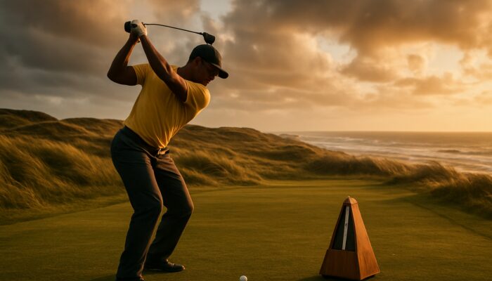 Determined South African golfer mid-swing with metronome on a breezy coastal fairway during golden hour