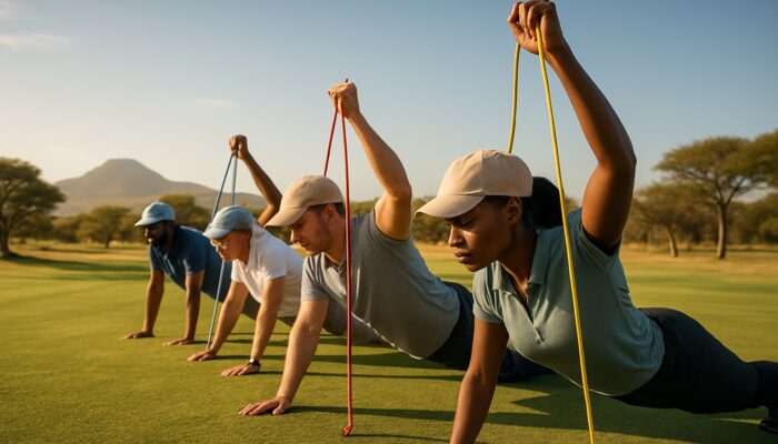 Diverse golfers performing planks and resistance band presses under the sun on a South African savanna golf course.