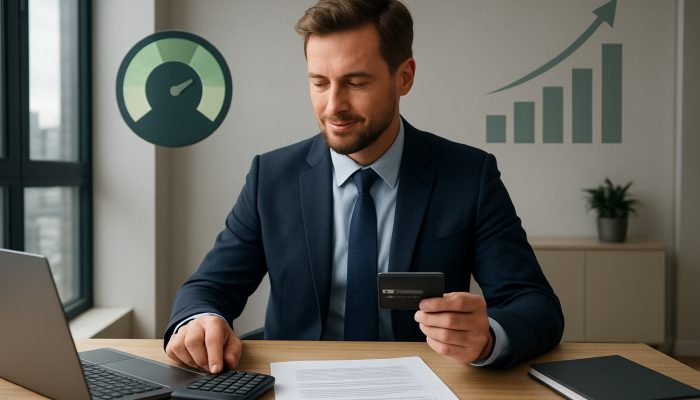 British professional paying off credit card with glowing 25% utilisation meter and rising credit scores