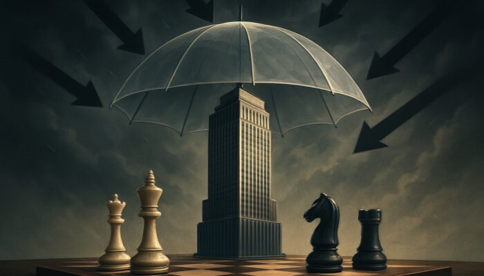 Modern skyscraper shielded by an umbrella from risk arrows and storm clouds, with chess pieces representing strategy.