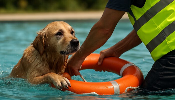 Individual rescuing a soaked golden retriever from a pool using a life ring in daylight