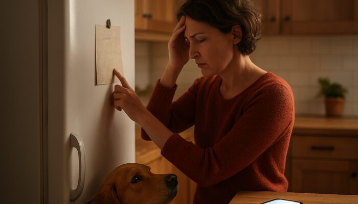 Concerned pet owner checks emergency vet contact list on fridge with dog nearby