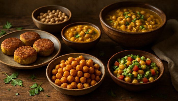 Rustic counter featuring roasted chickpeas, falafel, salad, and curry bowls in sunlight