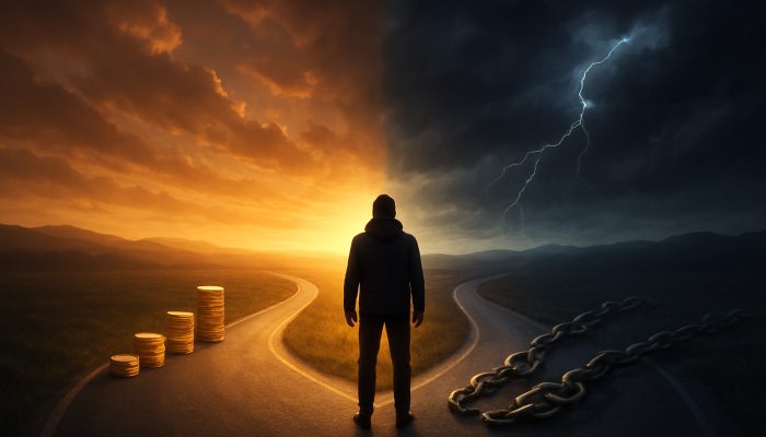 Person at crossroads choosing payment plan path with coins vs new loan with debt chains