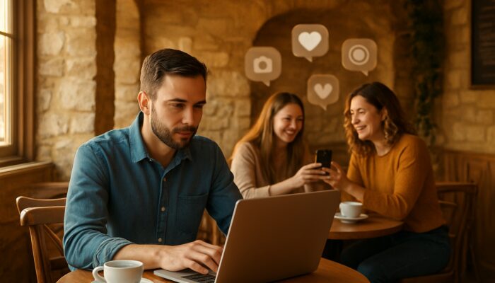 Café owner in Cirencester analysing Instagram posts on a laptop, amidst delighted customers in warm light