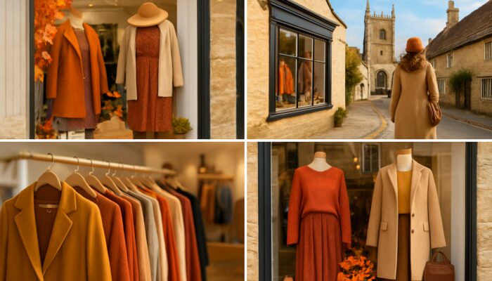 Cirencester boutique showcasing seasonal fashion displays with iconic Cotswold landmarks and Instagram overlays