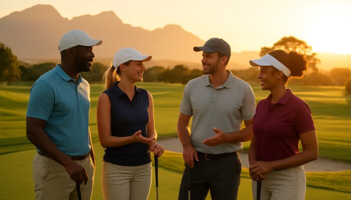 A diverse group of golfers networking at sunset on a scenic South African course surrounded by mountains.