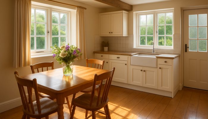 Immaculate Yeovil cottage kitchen after professional cleaning with fresh flowers adorning the table