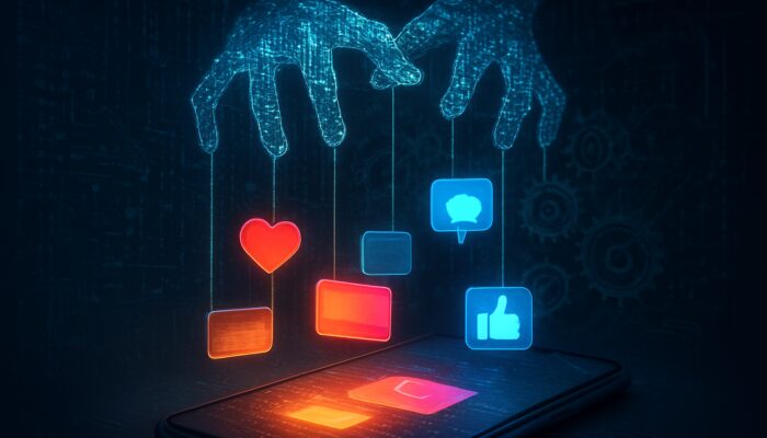 Illuminated algorithms acting as puppet masters organising likes and posts behind a smartphone screen for Instagram and Facebook
