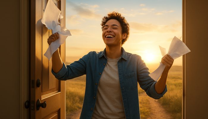 Relieved individual tearing up debt bills, stepping through an open door into a sunlit horizon for fresh starts.