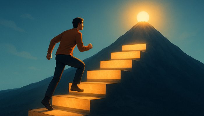 Individual ascending stepping stones labelled emergency fund and holiday savings towards the summit of financial independence