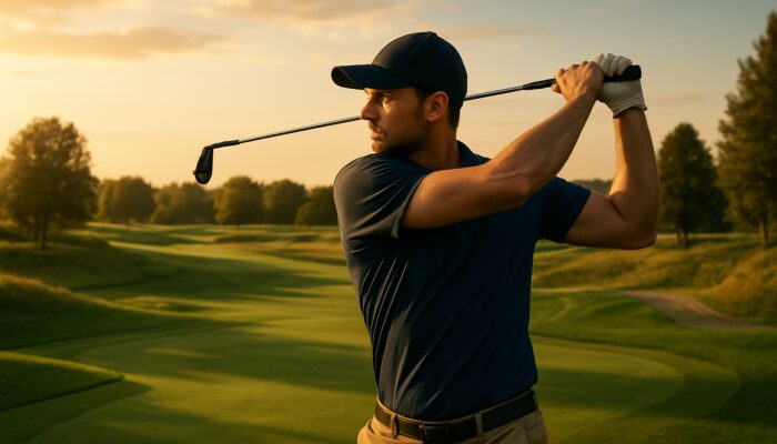 Golfer mid-swing with custom-fitted clubs on lush course at golden hour for personalised performance.