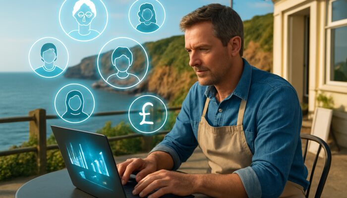 Torbay café owner reviews glowing analytics charts on laptop amid floating demographic icons by coastal cliffs.