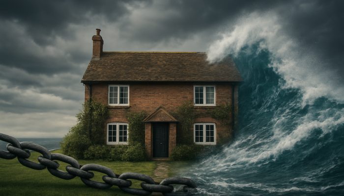 Understanding Variable Vs Fixed Rates: Key Mortgage Insights | DCL Split British cottage: fixed-rate chains anchor one half, variable waves buffet the other under moody UK skies.