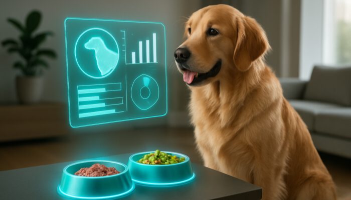 Futuristic holographic tablet displaying personalised nutrition data for golden retriever in a contemporary home