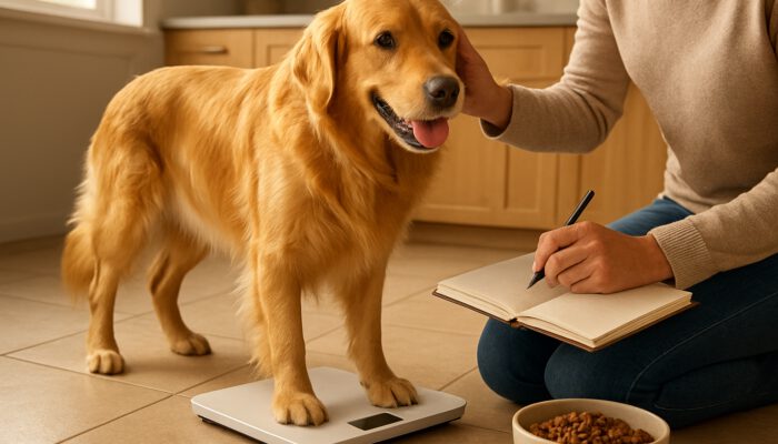 Owner weighing an active golden retriever on a scale while inspecting its coat in a sunlit kitchen
