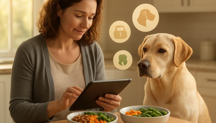 Owner reviews Labrador health data on tablet beside customised nutrition bowls in kitchen