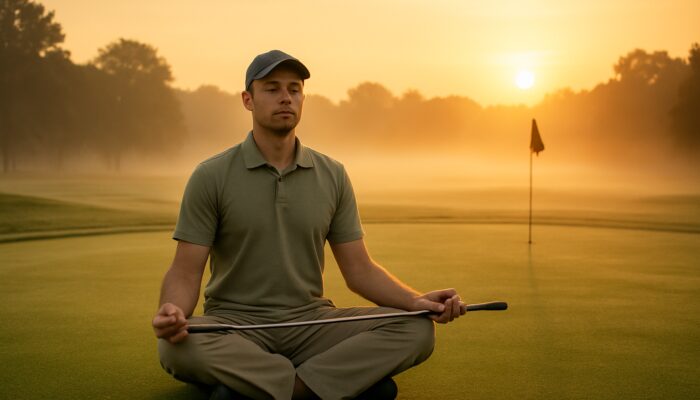 Golfer meditating at dawn on a misty green to enhance mindfulness and focus