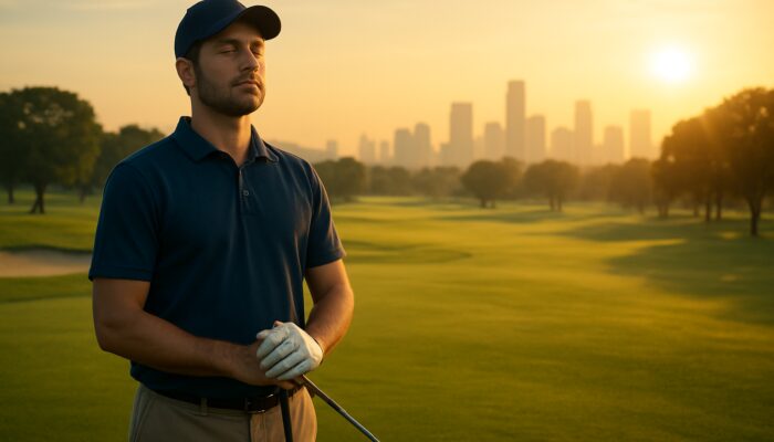 Mindful golfer practising deep breathing with closed eyes on a lush green course at dawn