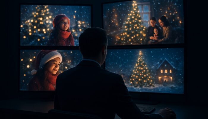 Strategist examining competitors' festive video campaigns and performance metrics on illuminated screens in a dimly lit room.